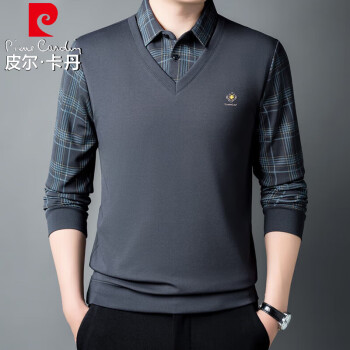 pierre cardin 皮尔·卡丹 皮尔卡丹（pierre cardin）长袖t恤男士半袖上衣服男士秋冬季假两件打底衫翻领 深灰色 L