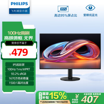 飞利浦 23.8英寸 全高清 100Hz IPS屏 低蓝光 HDMI VGA 三窄边设计 办公显示器 显示屏24E2N1110S