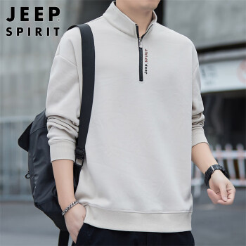 JEEP SPIRIT 吉普卫衣男春季休闲立领外套男长袖衣服上衣潮牌男装 米色 XL