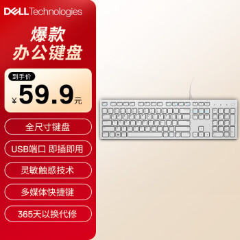 戴尔 KB216 104键 有线薄膜键盘 白色