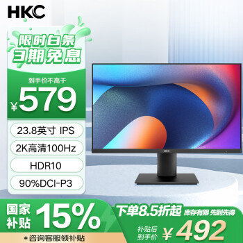 HKC 23.8英寸 2K 100Hz IPS显示屏高亮度 低蓝光不闪屏护眼 三边微边框 游戏办公电脑显示器L241Q