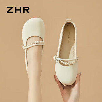 则则 ZHR 玛丽珍鞋女仙女风温柔粗跟单鞋女甜美珍珠晚晚鞋女 BL275 米色 37