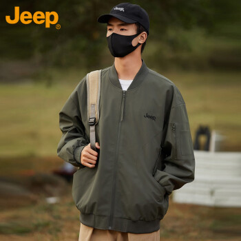 Jeep 夹克男春秋季棒球领外套男士宽松潮流休闲衣服男装 墨绿 XL