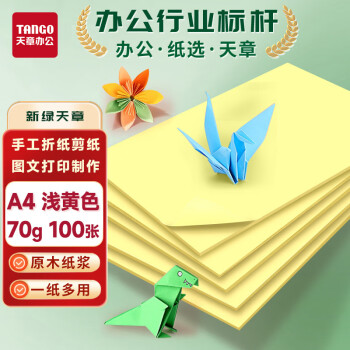 天章 新绿天章A4彩色复印纸 黄色打印纸薄卡纸 图文凭证打印纸 浅黄色 70g 100张