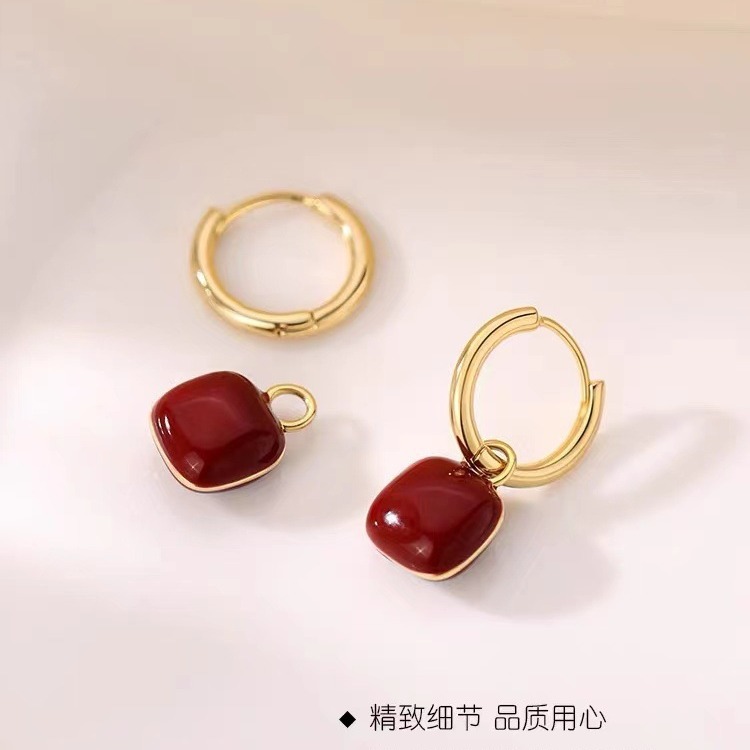 港风925银针方块耳圈 轻奢时尚耳扣小众高级感红色耳圈女