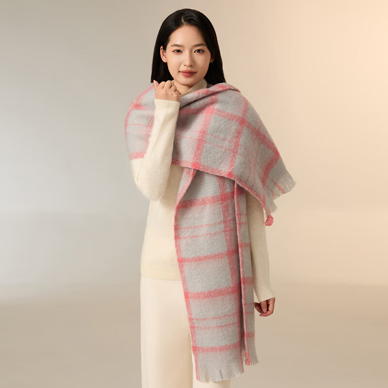 万物生 wangwusheng 秋冬围巾围脖披肩冬季保暖高级感格纹围巾女 灰粉格 15.9元