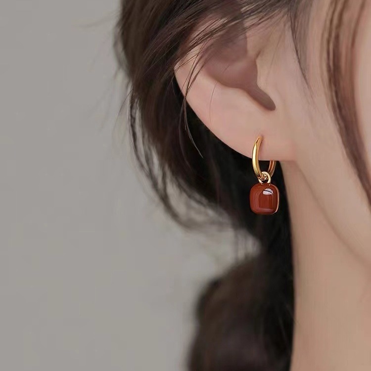 港风925银针方块耳圈 轻奢时尚耳扣小众高级感红色耳圈女