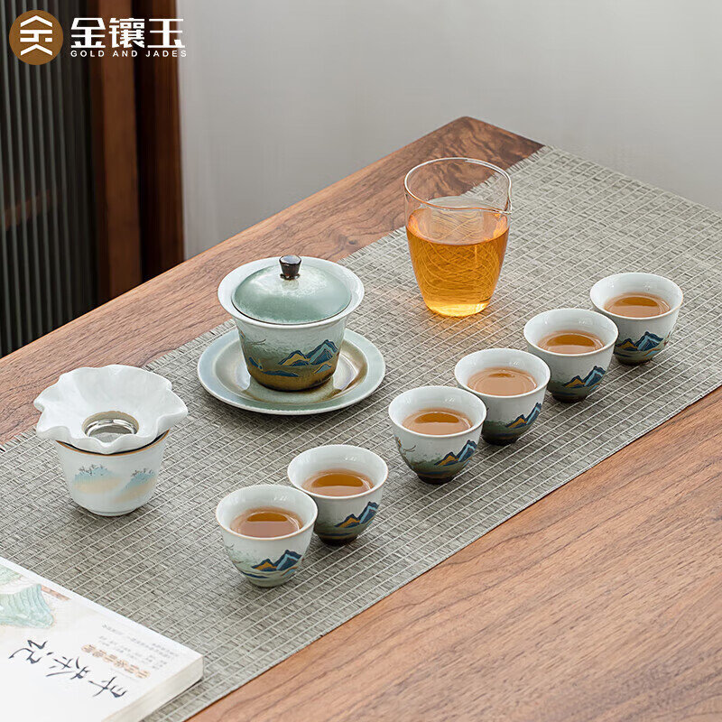 金镶玉 功夫茶具套装盖碗泡茶杯陶瓷送人礼品盒福利家用 锦绣山河 68.37元(需领券)