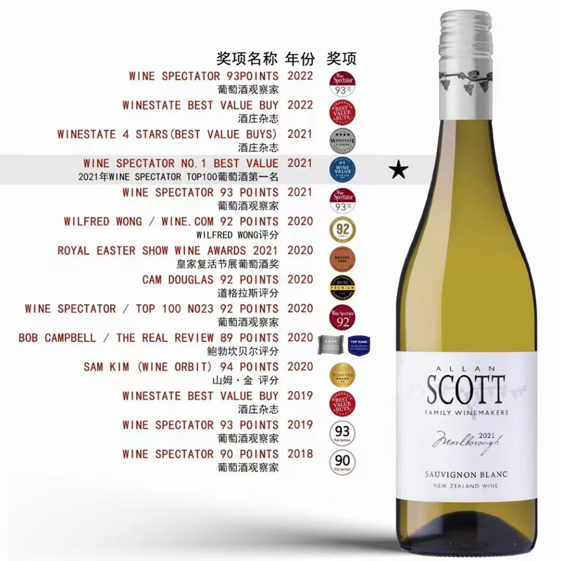 ALLAN SCOTT 长相思干白葡萄酒 马尔堡产区 WS93分 白标 单支装 57.3元（需买2件，需用券）