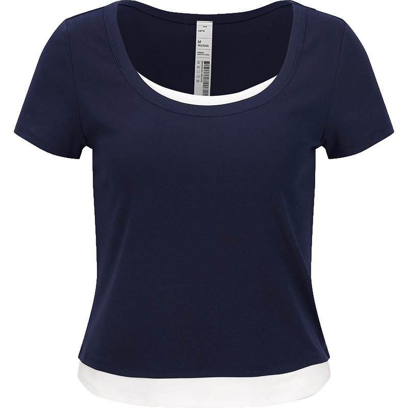 本来BENLAI女士撞色拼接短袖t恤2024夏季新款假两件设计感短上衣 墨蓝 S 69.1元(券后价)