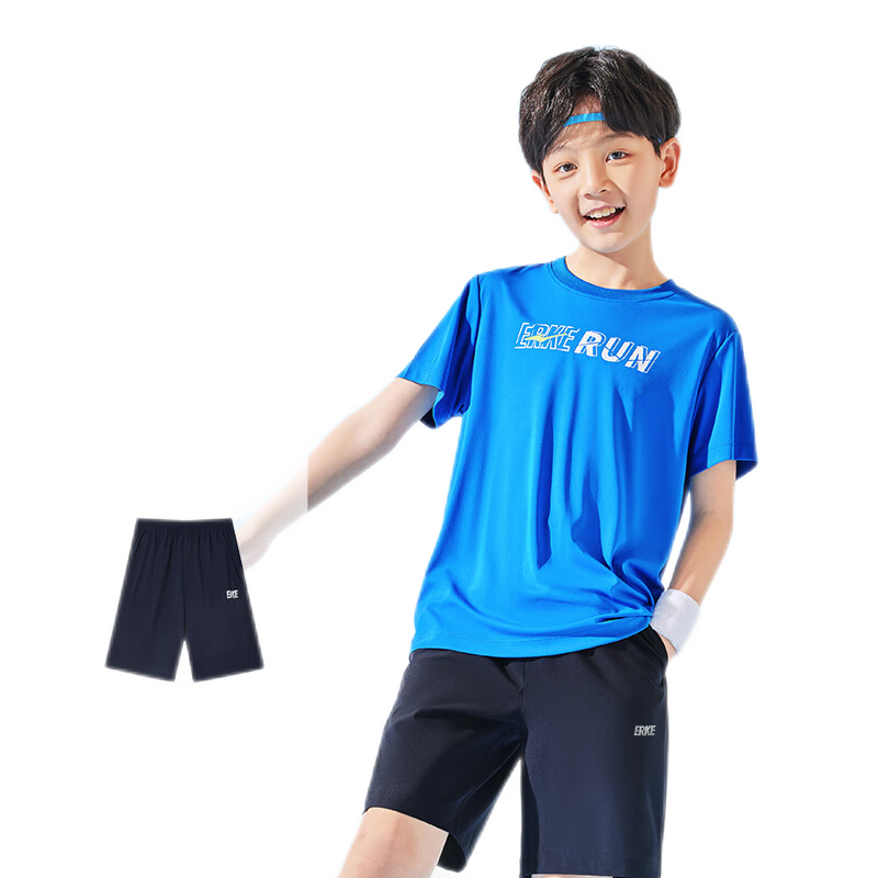 鸿星尔克 儿童装中大童短袖套装印花潮流夏季 蓝黑色羽光蓝  59元（需领券）
