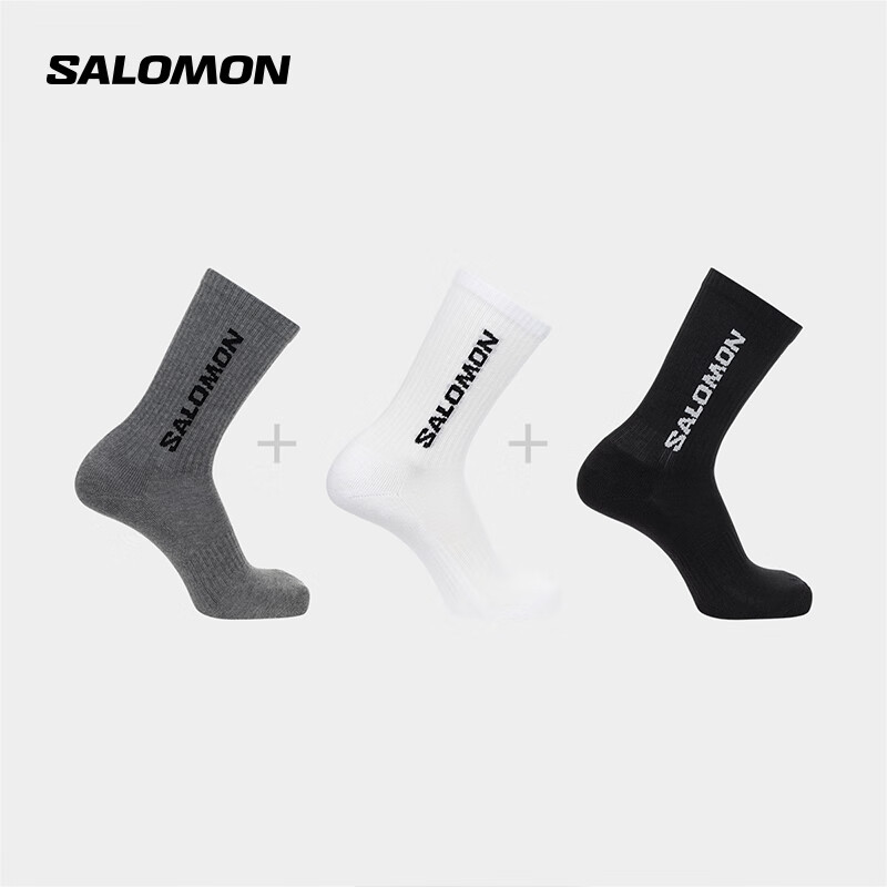 萨洛蒙 男女款 户外运动休闲舒适透气长筒袜子 EVERYDAY CREW 3-PACK 混合灰 C20862 M 32.6元