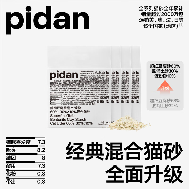 pidan 超细豆腐膨润土混合猫砂2.4KG*4包 整箱装皮蛋猫砂 券后45元