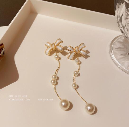 复古法式珍珠蝴蝶结流苏长款耳环小众高级感轻奢耳坠耳钉女夏耳饰