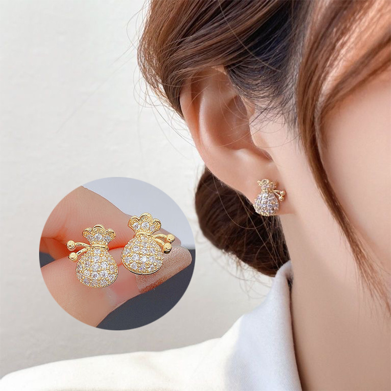 钱袋满钻耳钉个性时尚耳饰可爱小巧吸睛银针小众设计感女耳饰潮流