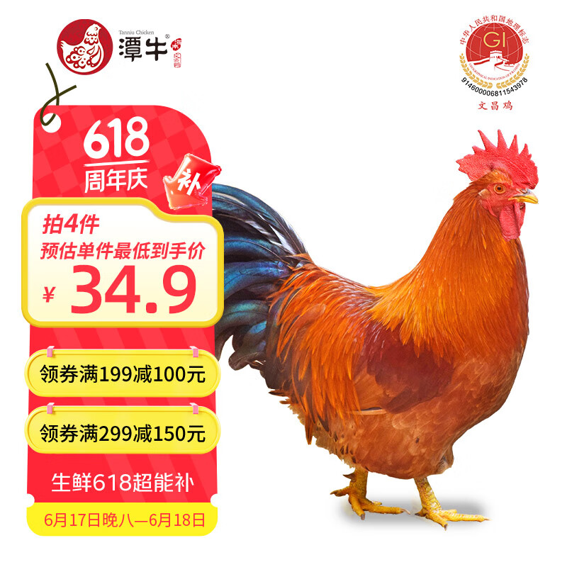 日常低价26元以上！潭牛 果林散养110天正宗文昌鸡小公鸡 1kg