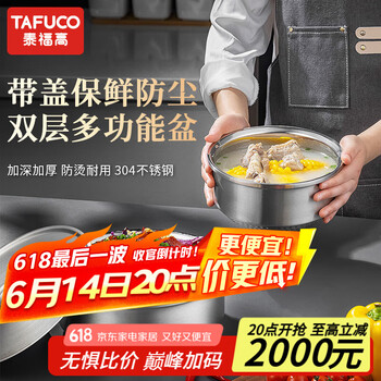 泰福高 304不锈钢盆洗菜盆和面盆带盖厨房多用盆双层防烫菜盆T5197-19cm 双层防烫-带盖