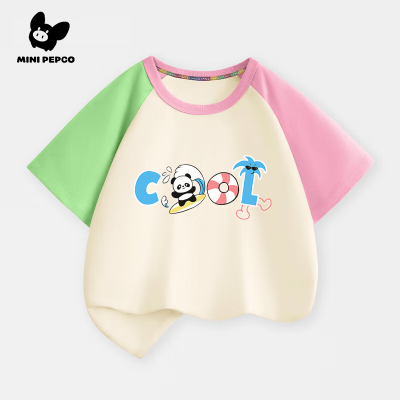 MINI PEPCO小猪班纳童装男童短袖t恤纯棉儿童夏季时尚插肩袖小男孩宽松夏装 粉绿冲浪熊猫 160 14.9元（需买3件，需用券）