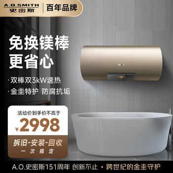 史密斯（A.O.SMITH）60升电热水器 国家补贴 终身免更换镁棒 金圭内胆 双棒双3kW速热 晶彩外观 遥控E60MDF