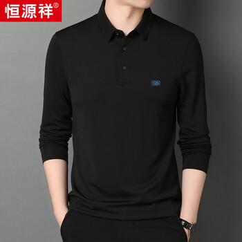 恒源祥长袖T恤男士翻领含桑蚕丝春秋季polo男装 黑色 XL180/96A