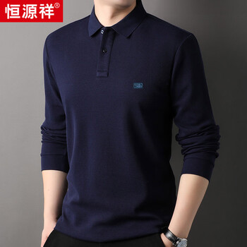 恒源祥100%纯棉长袖T恤男士翻领Polo休闲百搭上衣HJ155 藏青 175/92A