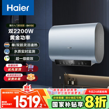 再降价:海尔 双胆扁桶电热水器60升 BK1SE 双2200W黄金功率速热一级能效节能 家用储水式镁棒免换
