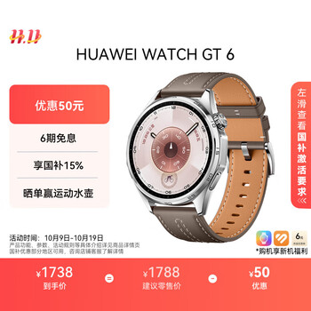 华为 HUAWEI WATCH GT 6 智能手表 46mm 冰川灰 复合素皮表带（北斗、GPS、血氧）