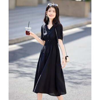 尚静连衣裙女夏季新款女装气质优雅法师花边复古V领收腰显瘦小黑裙女
