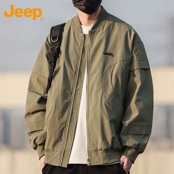 吉普（JEEP）夹克男春秋季潮流棒球服外套男士休闲宽松工装衣服 军绿 3XL