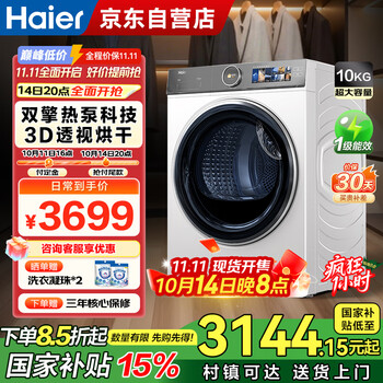 海尔（Haier）家用烘干机热泵10公斤干衣机烘衣服小型变频除螨菌 TFT彩屏HGY100-F386WU1家电国家补贴