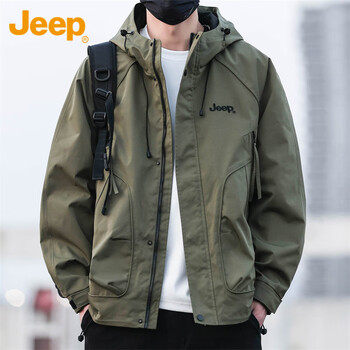 吉普（JEEP）外套男士春秋季冲锋夹克工装男装休闲潮流连帽上衣服军绿色 M