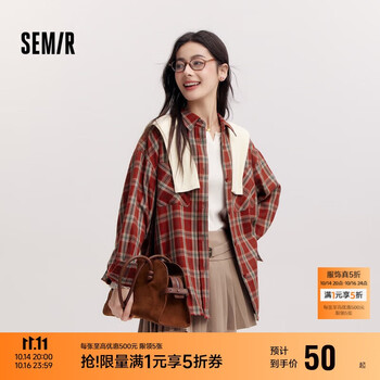 Semir 森马 长袖衬衫女中长款oversize春2025格纹上衣101125105007