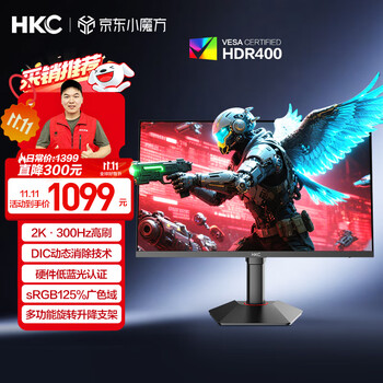 再降价：HKC 27英寸2K高清300Hz显示屏FastIPS旋转升降HDR400硬件低蓝光10bit电竞游戏HDMI2.1显示器G27H4Plus