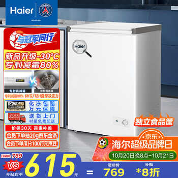 海尔 Haier 100升一级能效低霜小冰柜家用商用冷藏柜冷冻柜小型租房用小冰箱小型-30°C深冷速冻 100L