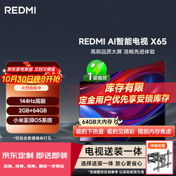 (MI)小米 REDMI AI智能电视 X65英寸包安装版(伸缩挂架送装一体) 144Hz高刷新 2GB+64GB 澎湃OS 一级能效