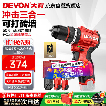 大有(Devon)12V无刷锂电钻手电钻充电钻冲击钻手转螺丝5209双电2.0三星芯快充