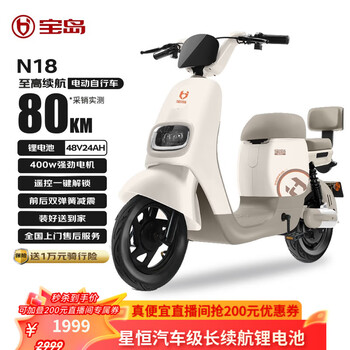 宝岛 【售完即止质保无忧】电动自行车自营电动车N18国家补贴48V24Ah星恒锂电长续航80km 暖咖色