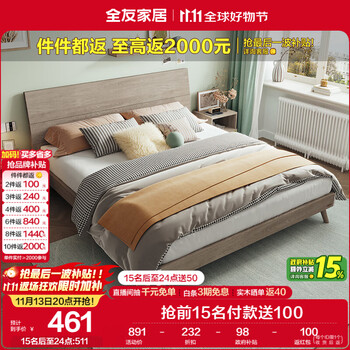 13日20点：全友家居 现代简约原木风1.5米x2米双人板式大床卧室家用高脚床家具