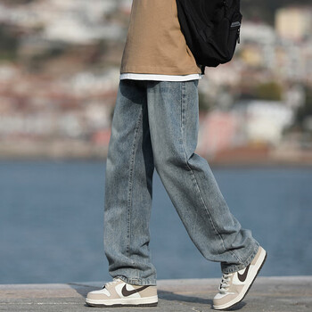 Homlean 美式水洗牛仔裤男春夏高街痞帅宽松直筒阔腿长裤子HS05复古蓝XL